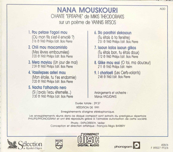 Nana Mouskouri : Chante "Épitaphe" De Mikis Theodorakis Sur Un Poème De Yannis Ritsos (CD, Comp)