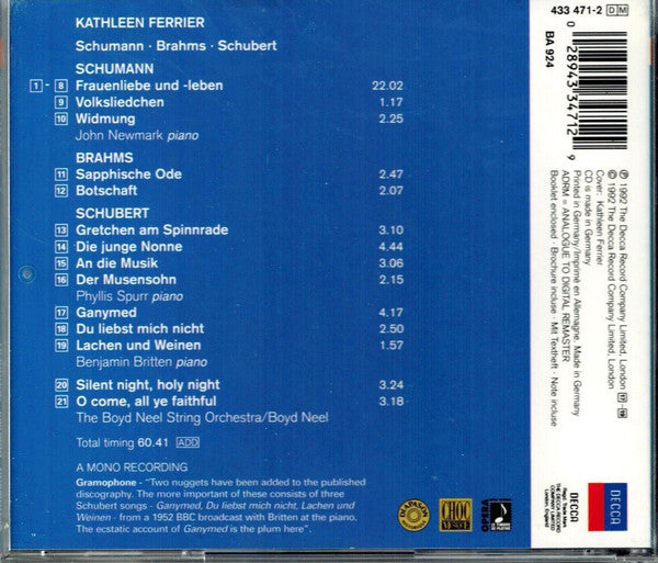 Kathleen Ferrier, Robert Schumann, Franz Schubert, Johannes Brahms, Franz Gruber, John Francis Wade : Schumann • Brahms • Schubert (CD, Album, Mono, RM)