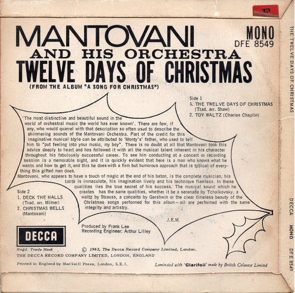 Mantovani And His Orchestra : Twelve Days Of Christmas (7", EP, Mono)