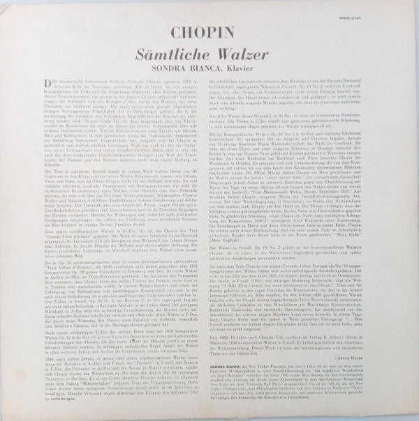 Frédéric Chopin - Sondra Bianca : Sämtliche Walzer (LP, Mono)