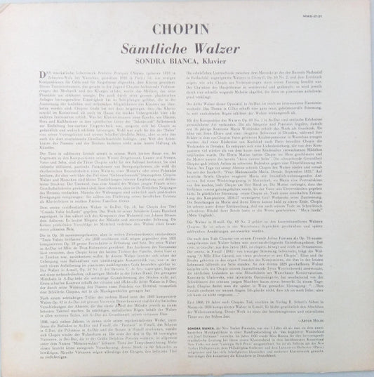 Frédéric Chopin - Sondra Bianca : Sämtliche Walzer (LP, Mono)
