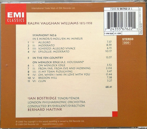 Ralph Vaughan Williams, Ian Bostridge, London Philharmonic Orchestra, Bernard Haitink : Symphony No. 6 / In The Fen Country / On Wenlock Edge (CD, Album)
