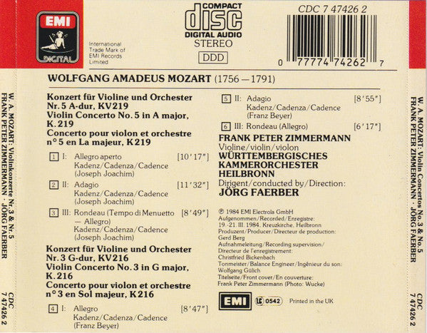 Wolfgang Amadeus Mozart, Frank Peter Zimmermann, Württembergisches Kammerorchester, Jörg Faerber : Violin Concertos (CD, Album)