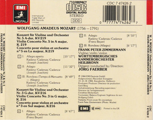 Wolfgang Amadeus Mozart, Frank Peter Zimmermann, Württembergisches Kammerorchester, Jörg Faerber : Violin Concertos (CD, Album)
