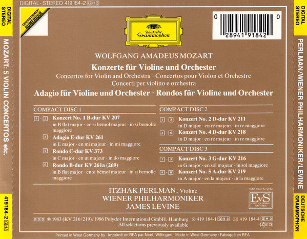 Wolfgang Amadeus Mozart, Itzhak Perlman, Wiener Philharmoniker, James Levine (2) : Die 5 Violinkonzerte = Violin Concertos = Concertos Pour Violon • Adagio KV 261 • Rondos KV 261a & KV 373 (3xCD, Comp)
