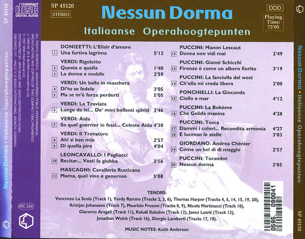 Various : Nessun Dorma - Italiaanse Operahoogtepunten (CD, Comp, Promo)