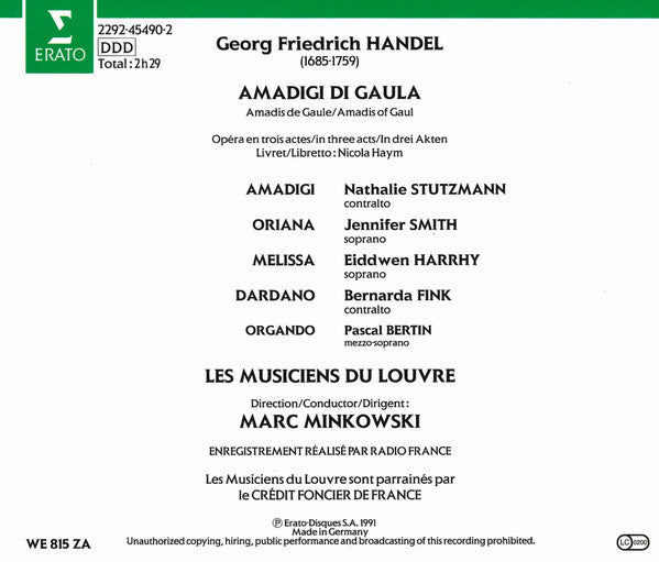 Georg Friedrich Händel – Nathalie Stutzmann, Jennifer Smith (3), Eiddwen Harrhy, Bernarda Fink, Les Musiciens Du Louvre, Marc Minkowski : Amadigi (2xCD, Album, RP + Box, Sli)