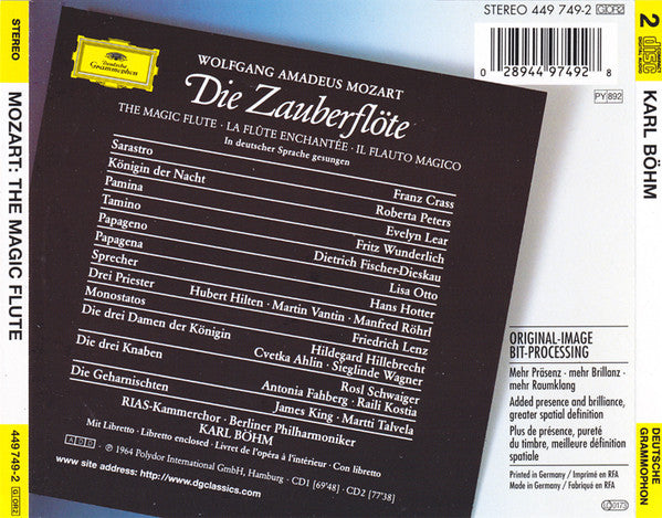 Wolfgang Amadeus Mozart - Evelyn Lear · Roberta Peters · Lisa Otto · Fritz Wunderlich · Dietrich Fischer-Dieskau · Franz Crass · Hans Hotter · Berliner Philharmoniker, Karl Böhm : Die Zauberflöte = The Magic Flute = La Flute Enchantée (2xCD, Album, RE, RM)