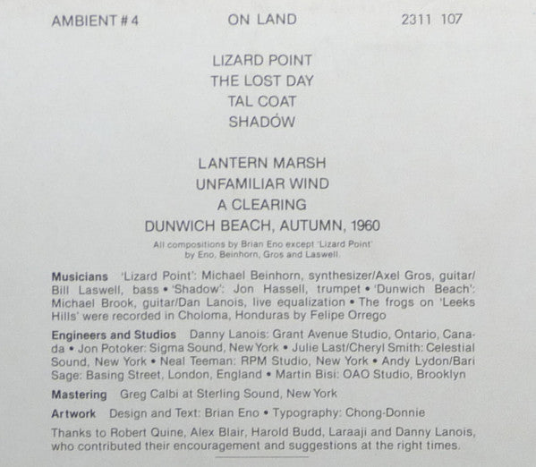 Brian Eno : Ambient 4 (On Land) (LP, Album)
