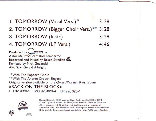 Quincy Jones Featuring Tevin Campbell : Tomorrow (A Better You, A Better Me) (CD, Maxi, M/Print)