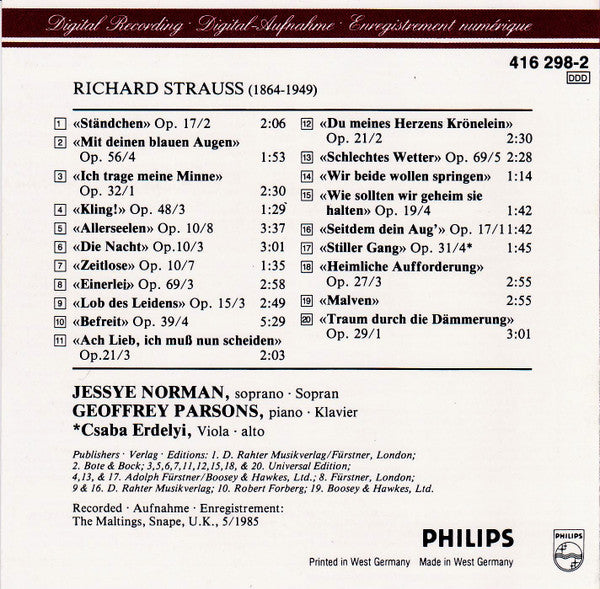 Richard Strauss - Jessye Norman, Geoffrey Parsons (2) : Lieder (CD, Album, Sli)