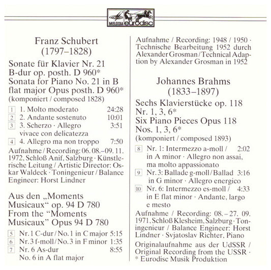 Sviatoslav Richter, Franz Schubert, Johannes Brahms : Klaviersonate Nr. 21 · "Moments Musicaux" · Sechs Klavierstücke Op. 118 (CD, Comp)