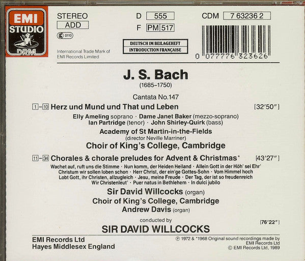 Johann Sebastian Bach, The King's College Choir Of Cambridge, David Willcocks : Cantata No. 147 "Herz Und Mund Und That Und Leben" / Chorales & Chorale Preludes For Advent & Christmas (CD, Album, Comp, RM)