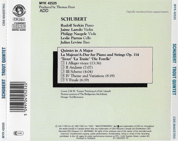 Franz Schubert - Rudolf Serkin, Jaime Laredo, Philipp Naegele, Leslie Parnas, Julius Levine : Qunitet For Piano "Trout" = "La Truite" = "Die Forelle" (CD, Album, RE, RM, DAD)