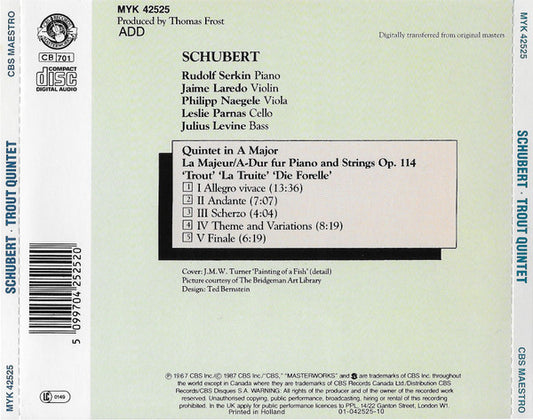 Franz Schubert - Rudolf Serkin, Jaime Laredo, Philipp Naegele, Leslie Parnas, Julius Levine : Qunitet For Piano "Trout" = "La Truite" = "Die Forelle" (CD, Album, RE, RM, DAD)