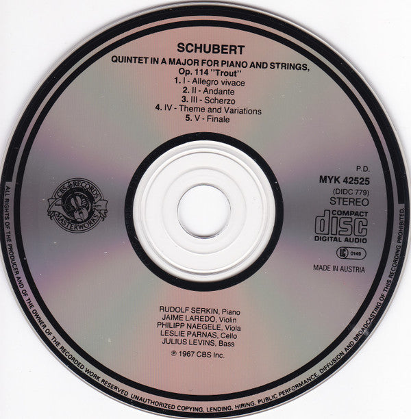 Franz Schubert - Rudolf Serkin, Jaime Laredo, Philipp Naegele, Leslie Parnas, Julius Levine : Qunitet For Piano "Trout" = "La Truite" = "Die Forelle" (CD, Album, RE, RM, DAD)