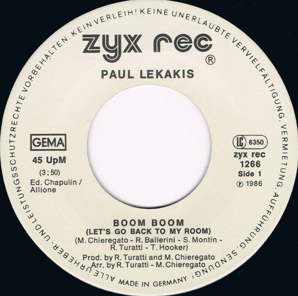 Paul Lekakis : Boom Boom (Let's Go Back To My Room) (7", Single)