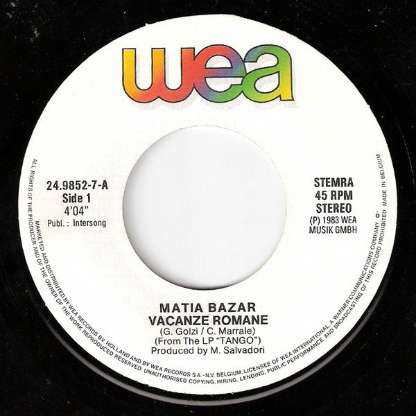 Matia Bazar : Vacanze Romane (7", Single)