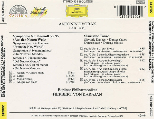 Antonín Dvořák, Berliner Philharmoniker, Herbert von Karajan : Symphony No.9 »Aus Der Neuen Welt« · 5 Slawische Tänze (CD, Comp, RM)