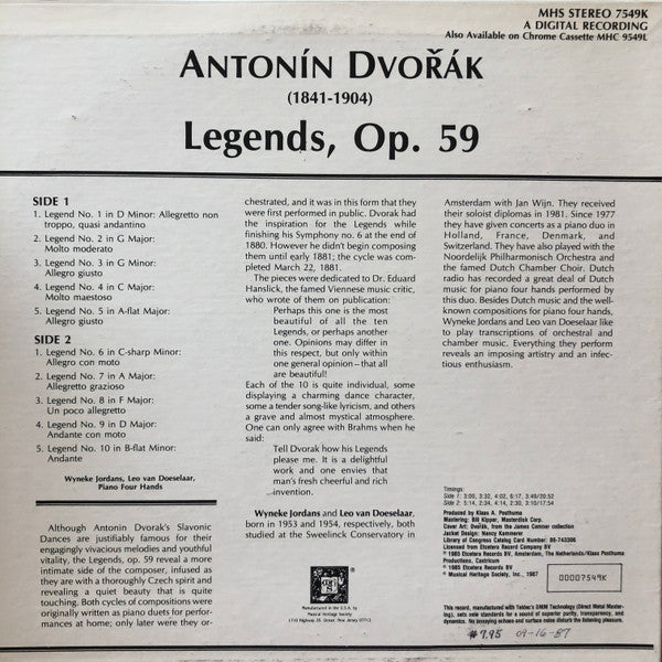Antonín Dvořák : Legends, Op. 59 (LP, Album)