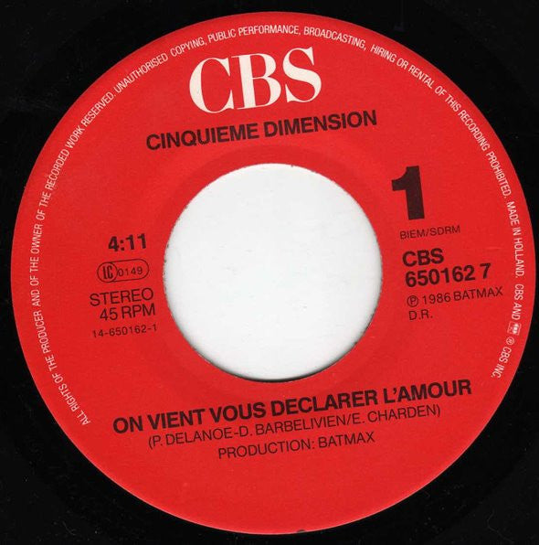 Cinquième Dimension : On Vient Vous Declarer L'Amour (7", Single)
