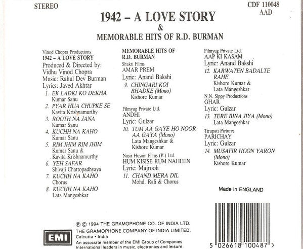 R. D. Burman : 1942 A Love Story & Memorable Hits Of R.D. Burman (CD, Comp, Mono)