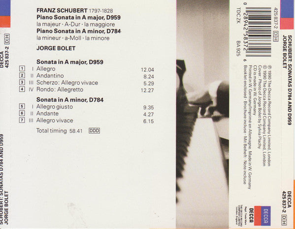 Franz Schubert - Jorge Bolet : Piano Sonata In A Major, D959, Piano Sonata In A Minor, D 784 (CD, Album)