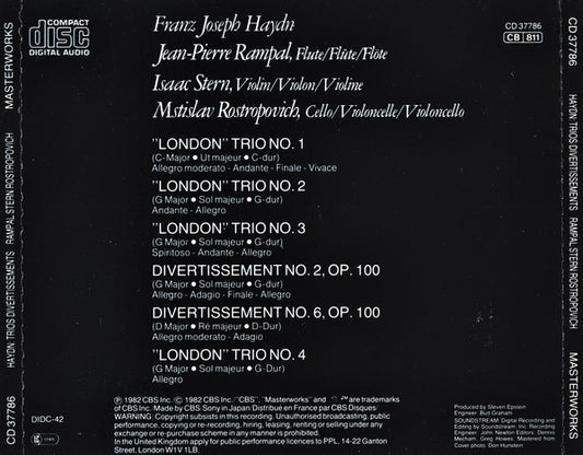 Joseph Haydn - Jean-Pierre Rampal, Isaac Stern, Mstislav Rostropovich : "London" Trios, Nos 1-4, Divertissements, Op. 100, Nos. 2 & 6 (CD, Album, RE)