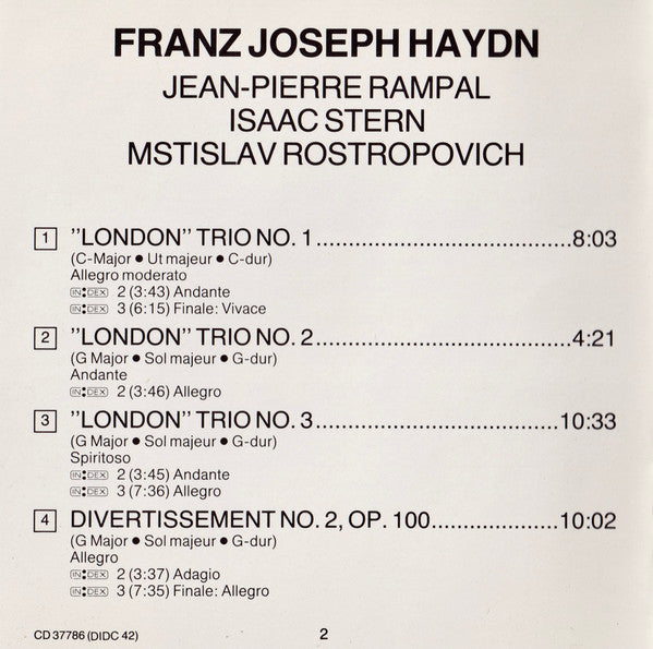 Joseph Haydn - Jean-Pierre Rampal, Isaac Stern, Mstislav Rostropovich : "London" Trios, Nos 1-4, Divertissements, Op. 100, Nos. 2 & 6 (CD, Album, RE)