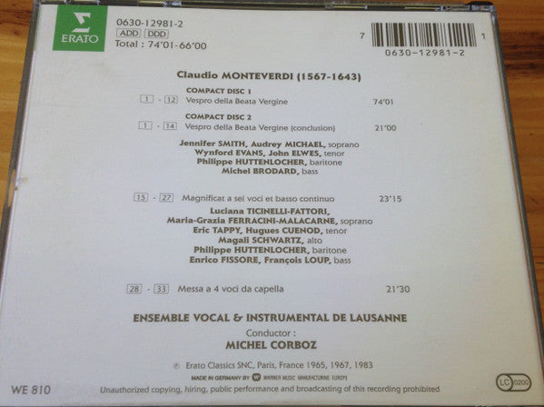 Claudio Monteverdi / Ensemble Vocal Et Instrumental De Lausanne, English Bach Festival Baroque Orchestra, Les Sacqueboutiers De Toulouse, Michel Corboz : Vespro Della Beata Vergine (2xCD, Album, RE)