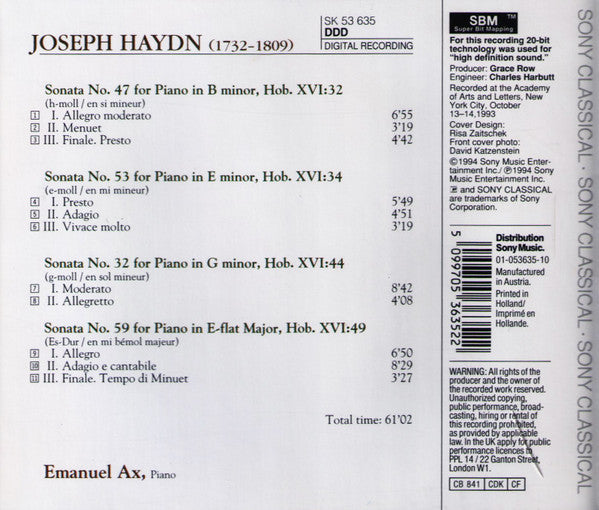Joseph Haydn, Emanuel Ax : Piano Sonatas Nos. 32 47 53 & 59 (CD, Album)