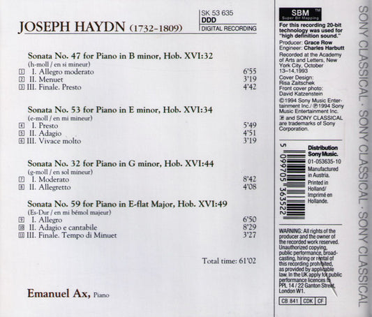 Joseph Haydn, Emanuel Ax : Piano Sonatas Nos. 32 47 53 & 59 (CD, Album)