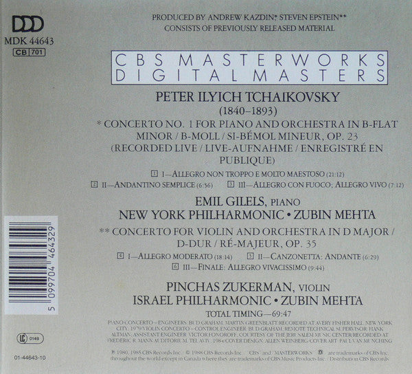 Pyotr Ilyich Tchaikovsky, Emil Gilels, Pinchas Zukerman, Zubin Mehta : Piano Concerto, Violin Concerto (CD, Comp, RE)