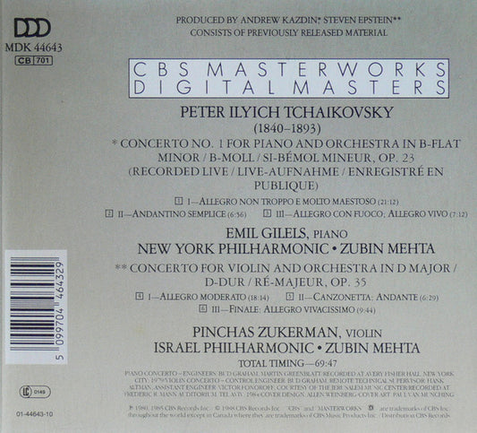 Pyotr Ilyich Tchaikovsky, Emil Gilels, Pinchas Zukerman, Zubin Mehta : Piano Concerto, Violin Concerto (CD, Comp, RE)