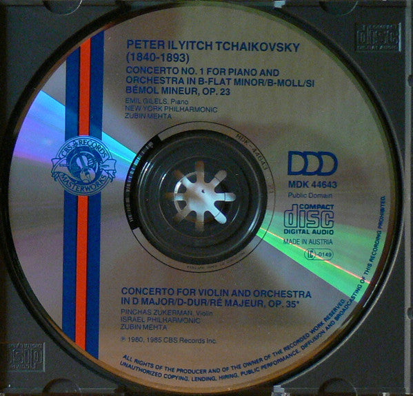 Pyotr Ilyich Tchaikovsky, Emil Gilels, Pinchas Zukerman, Zubin Mehta : Piano Concerto, Violin Concerto (CD, Comp, RE)