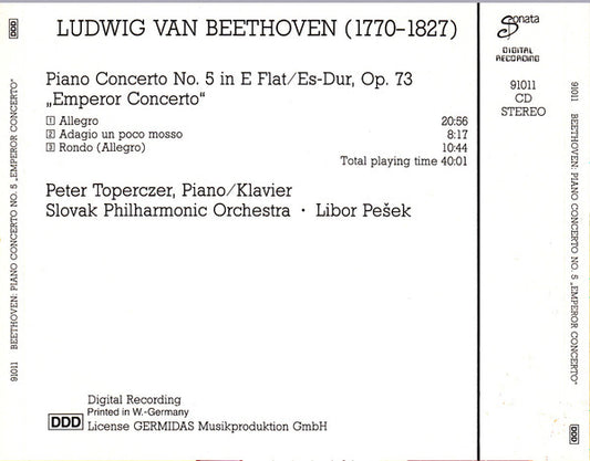 Ludwig van Beethoven - Peter Toperczer, Slovak Philharmonic Orchestra, Libor Pešek : Piano Concerto No. 5 In E Flat, Op. 73 "Emperor Concerto" (CD, Album)
