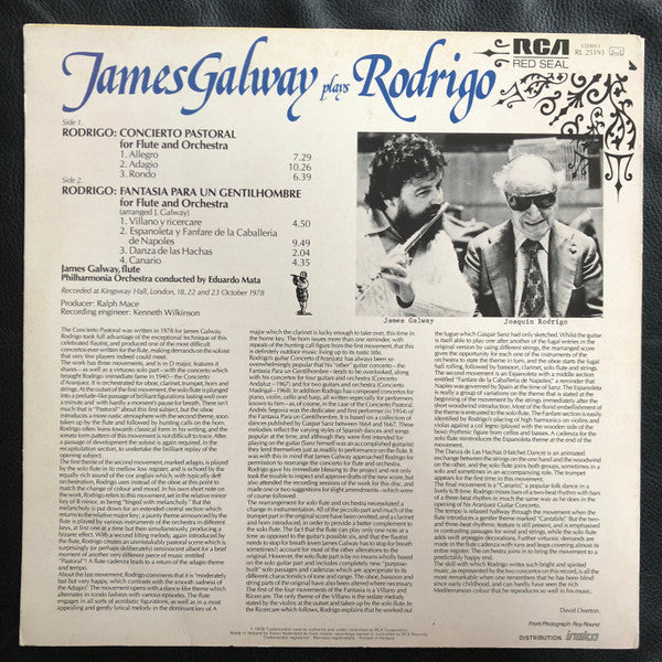 James Galway, Eduardo Mata, Philharmonia Orchestra : Plays Rodrigo Concierto Pastoral, Fantasia Para Un Gentilhombre (LP, Album)