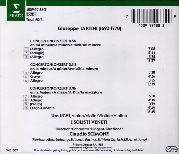Tartini* - Uto Ughi, I Solisti Veneti, Claudio Scimone : Concertos For Violin (CD, Album, RE)