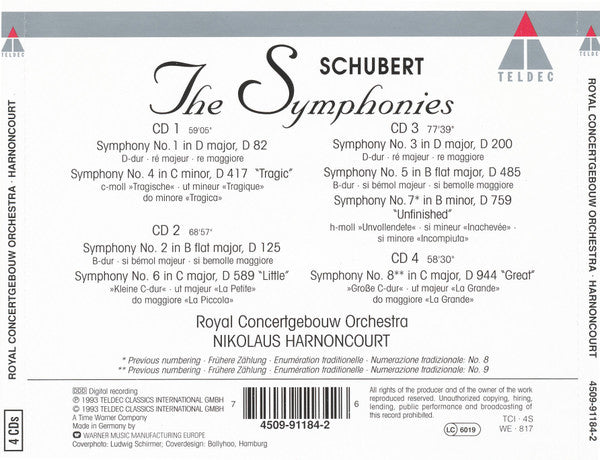 Franz Schubert, Concertgebouworkest, Nikolaus Harnoncourt : The Symphonies (4xCD + Box, Sli)