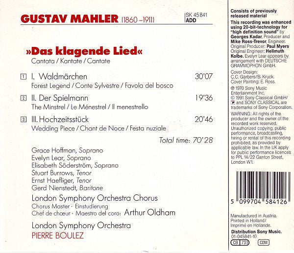 Gustav Mahler - Evelyn Lear, Elisabeth Söderström, Grace Hoffman, Stuart Burrows, Ernst Haefliger, Gerd Nienstedt, London Symphony Orchestra & London Symphony Chorus, Pierre Boulez : Das Klagende Lied (CD)