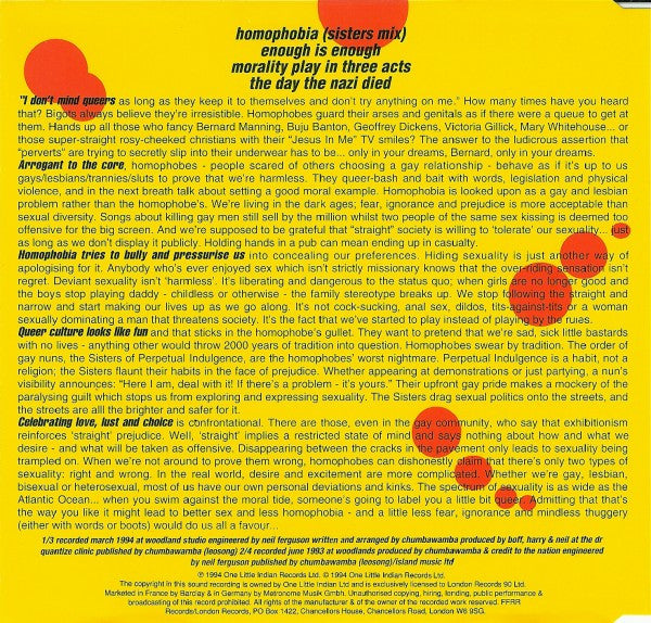 Chumbawamba With The Sisters Of Perpetual Indulgence : Homophobia (CD, Single)