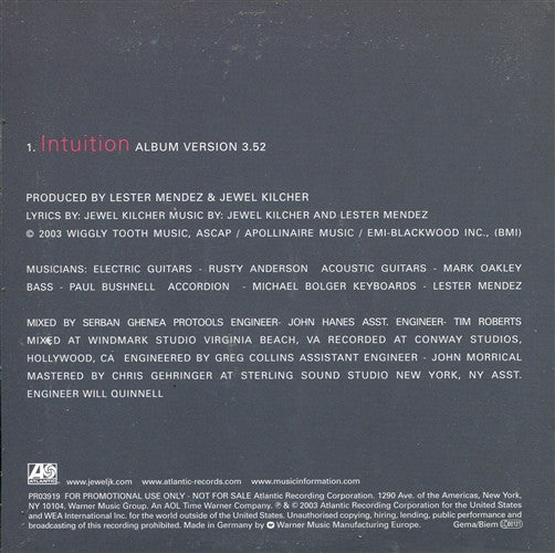 Jewel : Intuition (CD, Single, Promo, Car)