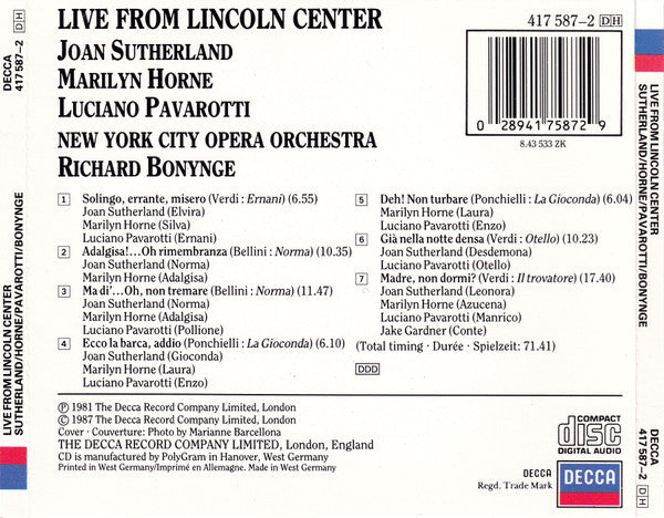 Richard Bonynge, Joan Sutherland, Marilyn Horne, Luciano Pavarotti, New York City Opera Orchestra : Live From Lincoln Center (CD, Album)