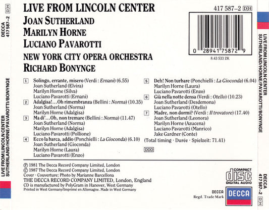 Richard Bonynge, Joan Sutherland, Marilyn Horne, Luciano Pavarotti, New York City Opera Orchestra : Live From Lincoln Center (CD, Album)