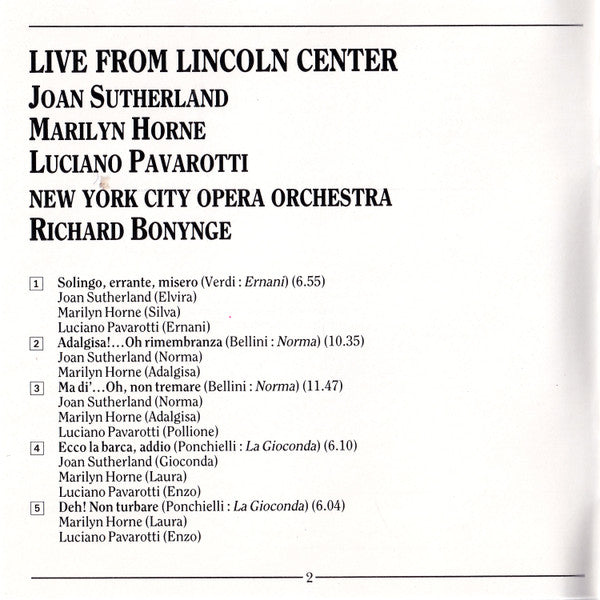 Richard Bonynge, Joan Sutherland, Marilyn Horne, Luciano Pavarotti, New York City Opera Orchestra : Live From Lincoln Center (CD, Album)