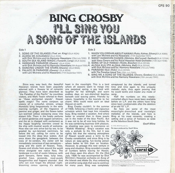 Bing Crosby : I'll Sing You A Song Of The Islands (LP, Comp, RE)