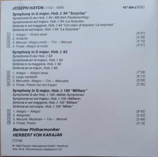 Joseph Haydn, Herbert von Karajan, Berliner Philharmoniker : Symphonien Nos. 93 / 94 "Mit Dem Paukenschlag • Surprise" / 100 "Militär-Symphonie • Military" (CD, Comp)