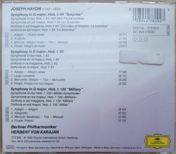 Joseph Haydn, Herbert von Karajan, Berliner Philharmoniker : Symphonien Nos. 93 / 94 "Mit Dem Paukenschlag • Surprise" / 100 "Militär-Symphonie • Military" (CD, Comp)