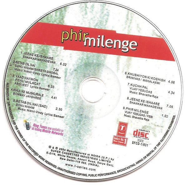 Shankar Ehsaan Loy, Bhavatha Raja : Phir Milenge (CD)