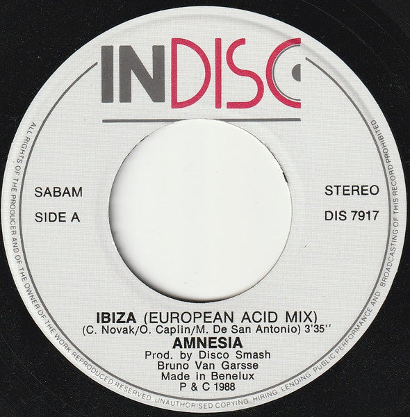 Amnesia : Ibiza (European Acid Mix) (7", Single)